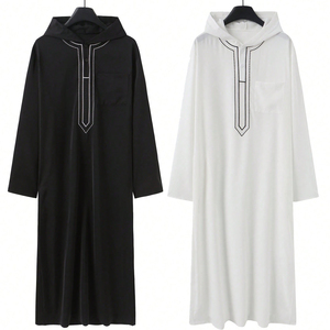 男士长袍连帽刺绣长袖男士休闲袍子Arba Thobe Dress