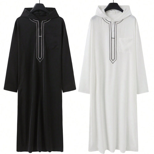 男士长袍连帽刺绣长袖男士休闲袍子Arba Thobe Dress