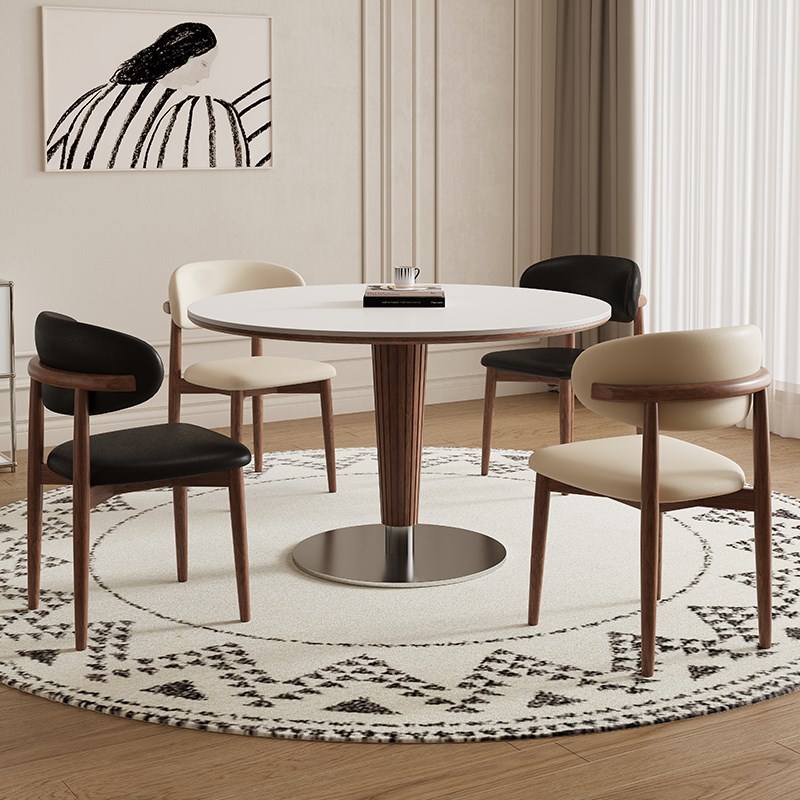 德利丰实木岩板餐桌圆形小户型1米纯白法式奶油中古风全托圆饭桌