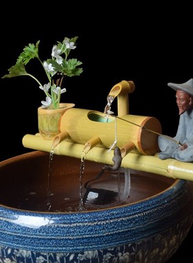 竹子流水竹筒流水器鱼缸石槽鱼池装饰陶瓷造景摆件养鱼制氧