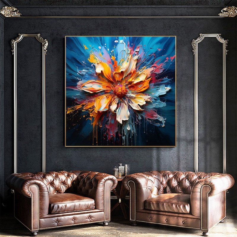 大芬村手绘油画高级抽象花卉厚油肌理客厅装饰画方形餐厅卧室挂画图片