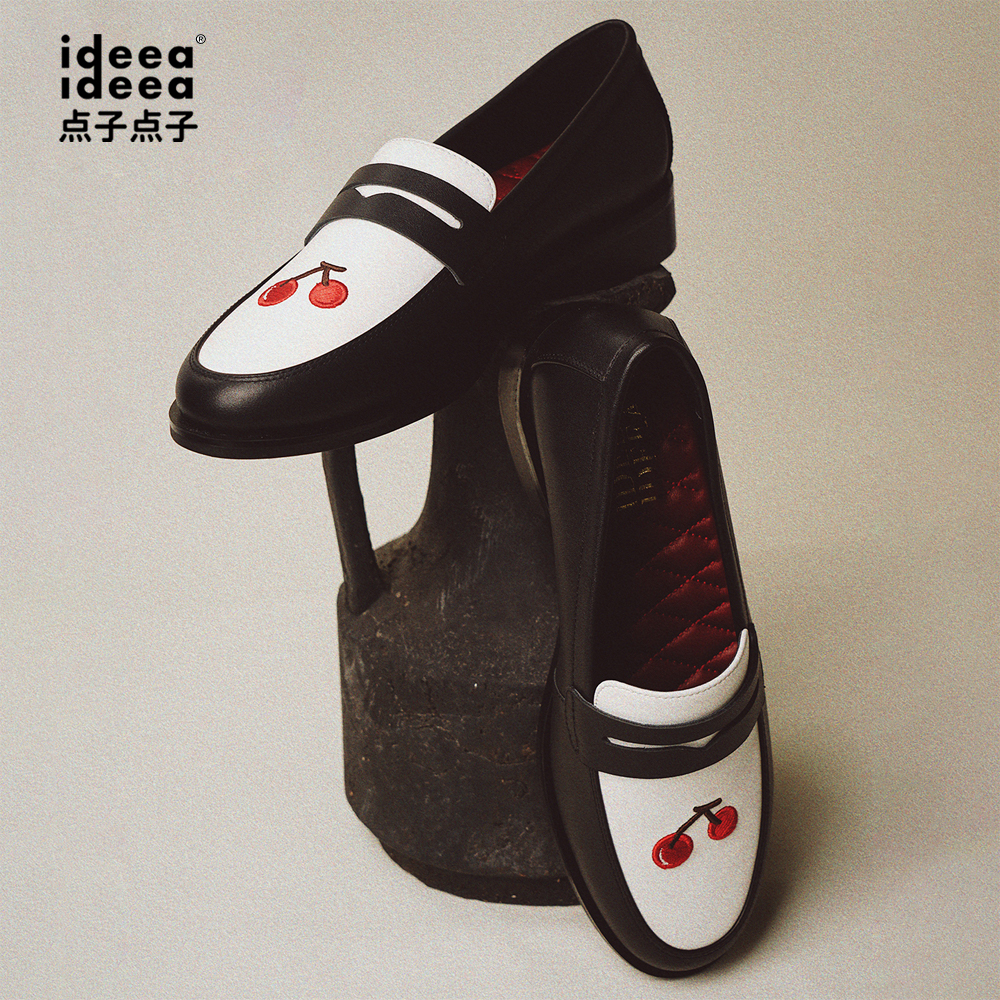 王悦伊小八同款樱桃刺绣乐福鞋