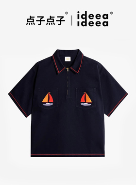 【韩团同款】ideea点子点子“扬帆起航”复古刺绣半拉链短袖衬衫