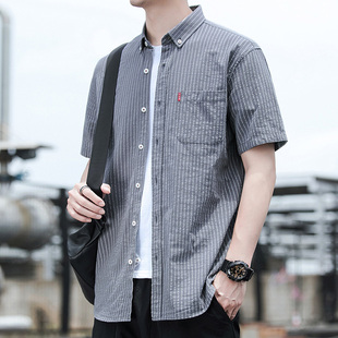 短袖 棉衬衣条纹宽松休闲白寸韩版 衬衫 男士 2021夏季 潮流大码 新薄款