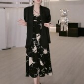 两件套女微胖mm碎花吊带裙西服套装 小众连衣裙设计感西装 夏季 大码