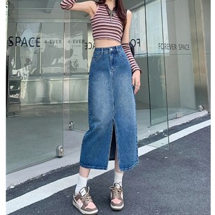 复古做旧牛仔半身包裙女夏季春秋2025中长款高腰开叉设计感a字裙