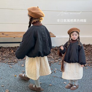 女童韩版洋气黑色小棉袄外套儿童宝宝宽松设计感时髦花苞短款棉服