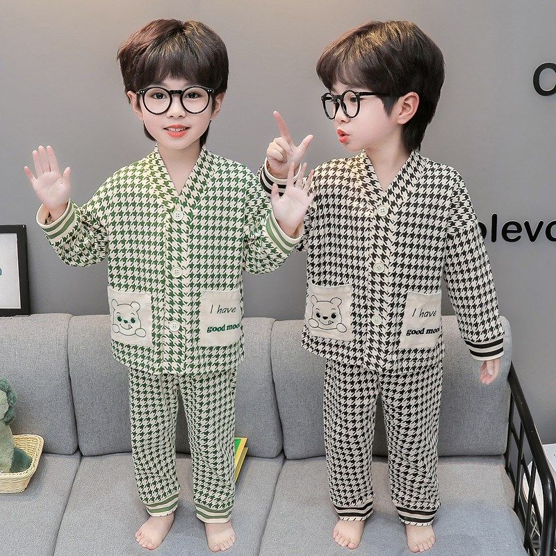 格子儿童睡衣男童春秋纯棉男孩长袖套装春季开衫居家服2025春款