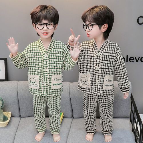 格子儿童睡衣男童春秋纯棉男孩长袖套装春季开衫居家服2025春款