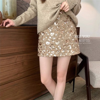 2024秋冬高级感亮片半身裙女高腰显瘦短裙短款小个子A字包臀裙子