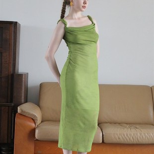 莫里公园 裙子很显白 绿色印花多穿网纱修身连衣裙 显曲线长裙女