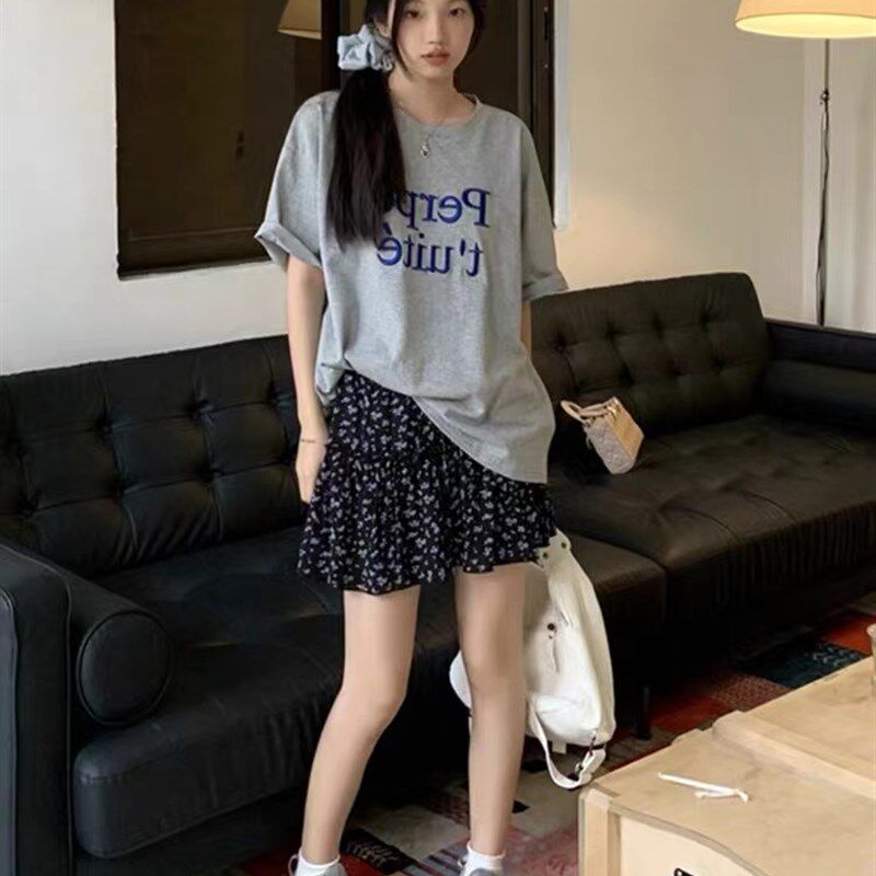 黑色碎花蛋糕裙短款大码胖mm松紧高腰小个子A字半身裙蓬蓬裙夏季