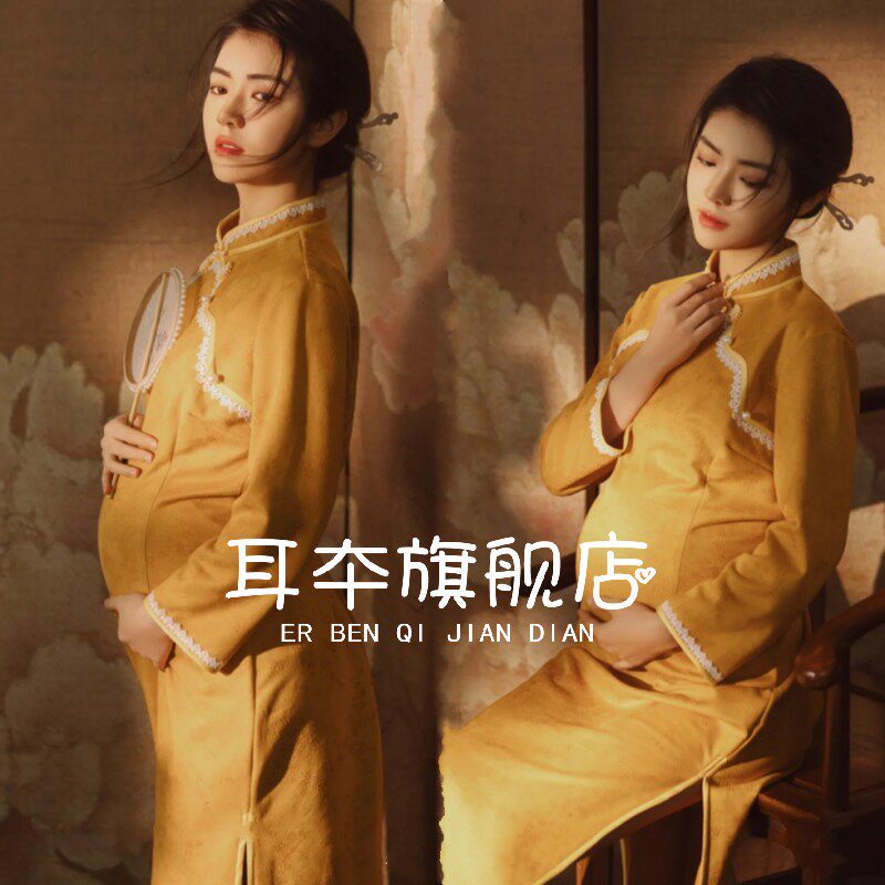 新款影楼孕妇照服装复古旗袍民y国风孕期妈咪艺术照写真摄影连衣