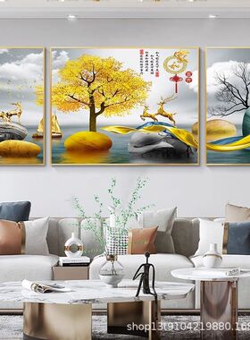 新中式家和富贵客厅沙发背景墙画装饰画大气挂画麋鹿三联画晶瓷画