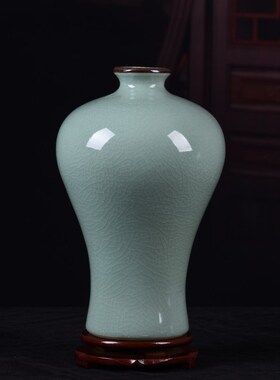 陶瓷花瓶摆件 仿古官窑裂纹绿色古典花瓶 家居装饰摆件