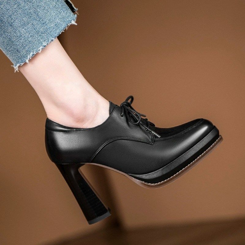 时尚真皮防水台高跟鞋2024春春季新款深口单鞋舒适粗跟系带鞋子女