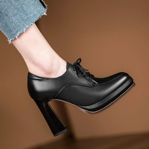 时尚真皮防水台高跟鞋2024春春季新款深口单鞋舒适粗跟系带鞋子女