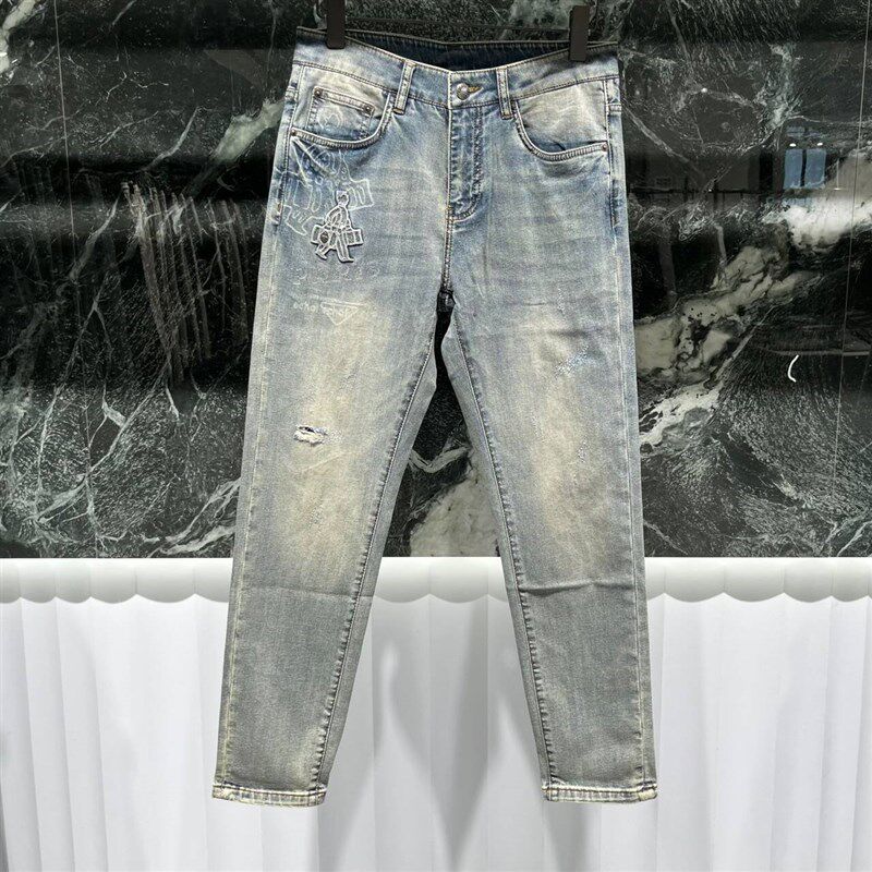 2025夏季男士牛仔裤小脚修身薄款高端潮流修身时尚磨破休闲九分裤