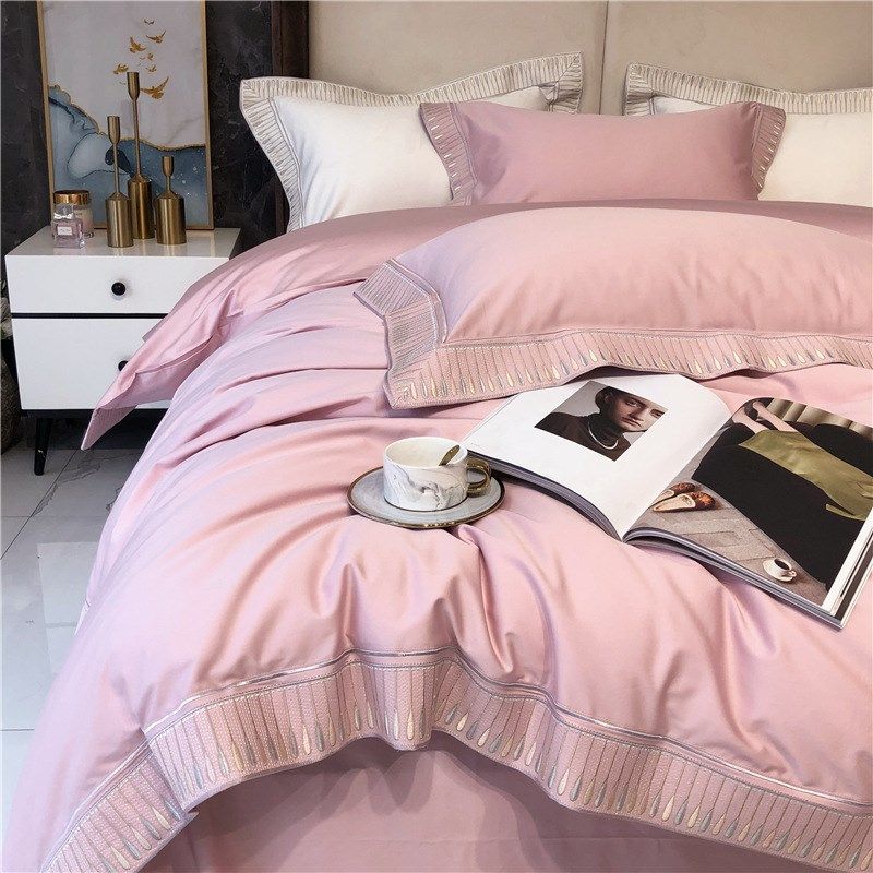 欧式轻奢120支长绒棉四件套全棉纯棉刺绣纯白色酒店床单床上用品