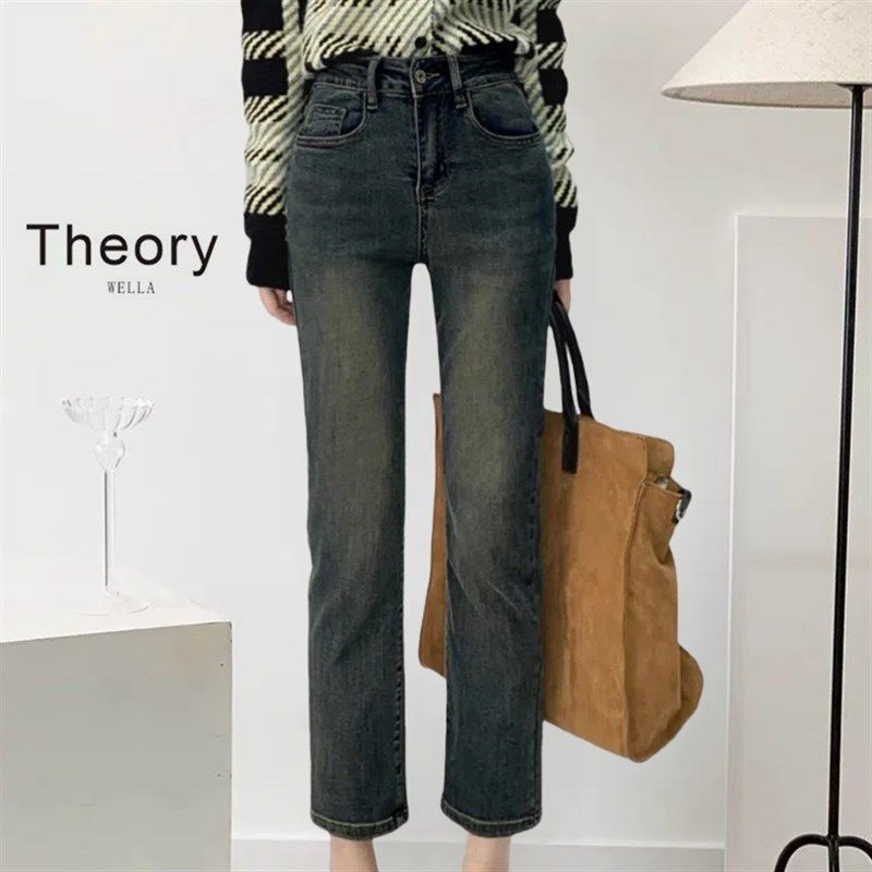 高端定制 新款 水泥灰直筒牛仔裤女加绒法棍裤小个子九分烟管裤