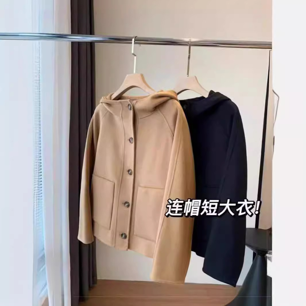 重磅福利！巨显白！手工双面羊毛呢休闲单排扣连帽短大衣呢外套冬