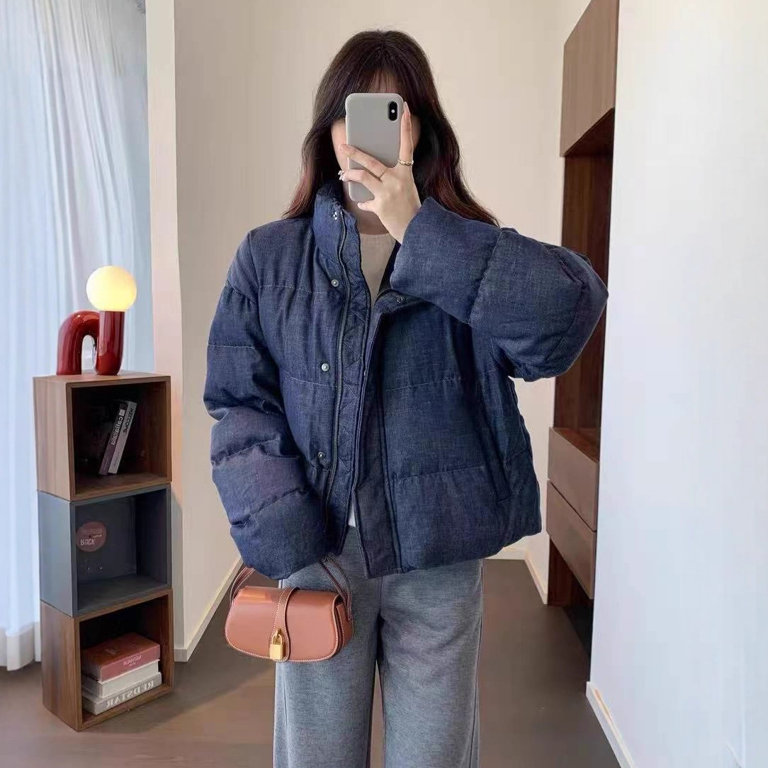 时髦复古 90白鸭绒立领宽松保暖加厚无袖马甲/长袖牛仔羽绒服外套