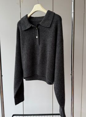 苔灰色 异形扣！加厚100羊毛翻领轻盈柔软舒适保暖宽松长袖毛衣女