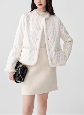 柜4800+！2025年秋冬款白色小香风钉珠菱格棉服气质流行外套棉衣