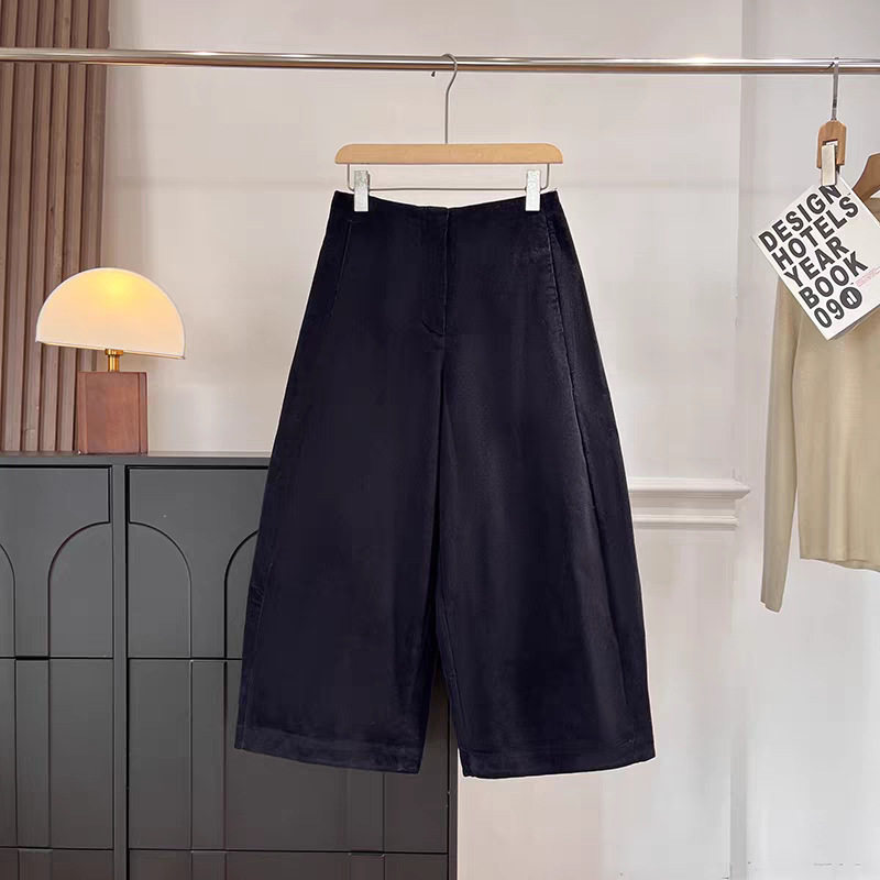 北欧风C990+！藏青色复古灯心绒休闲裤高腰宽松阔腿八分裤女秋冬