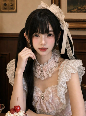 白色飘带蝴蝶结蕾丝小礼帽发夹lolita女仆拍照头饰可爱少萝发饰