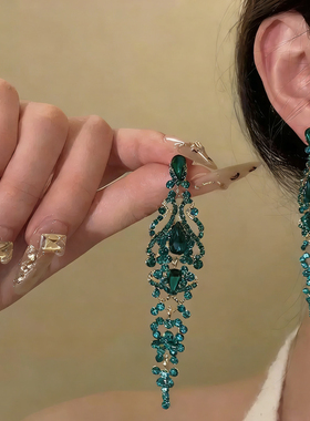 复古夸张绿色镶钻花朵耳环个性夸张设计感长款耳坠轻奢气质耳饰女