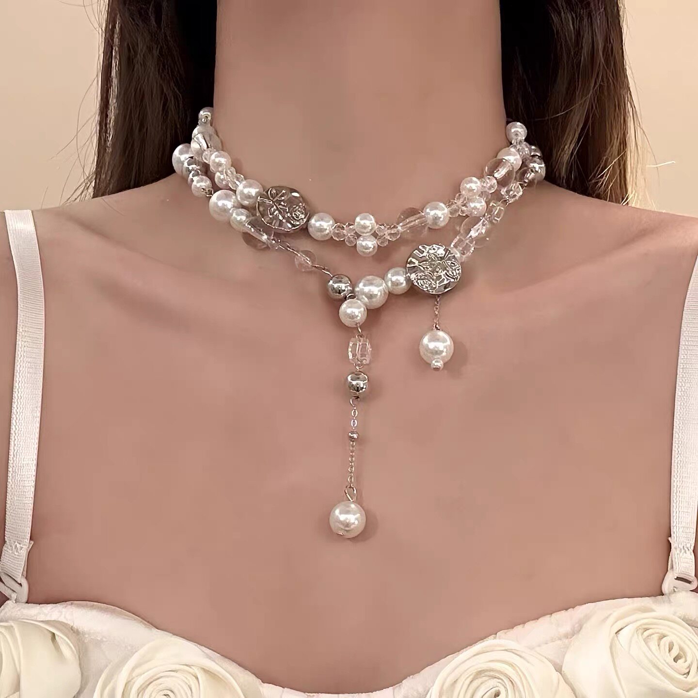法式轻奢多层水晶珍珠流苏项链女小众设计高级感锁骨链叠戴颈链潮