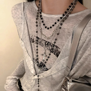 Y2K哥特叠戴项链十字吊坠甜酷辣妹锁骨颈链亚文化少女长款毛衣链