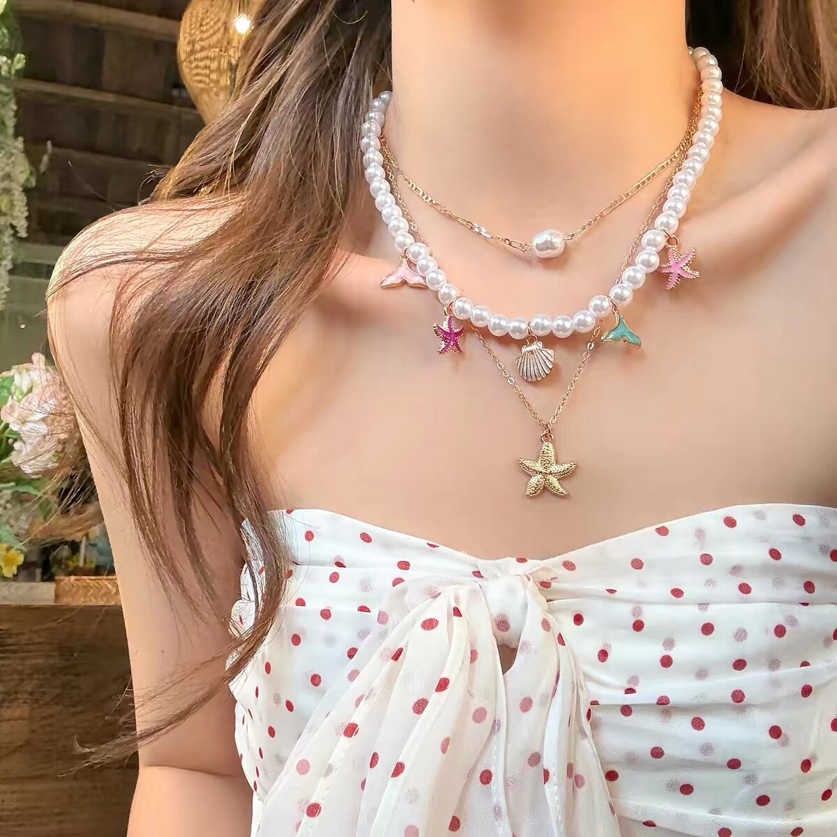 复古波西米亚风贝壳海星珍珠叠戴项链女海边度假氛围感颈链choker