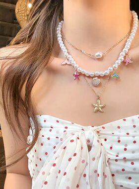 复古波西米亚风贝壳海星珍珠叠戴项链女海边度假氛围感颈链choker
