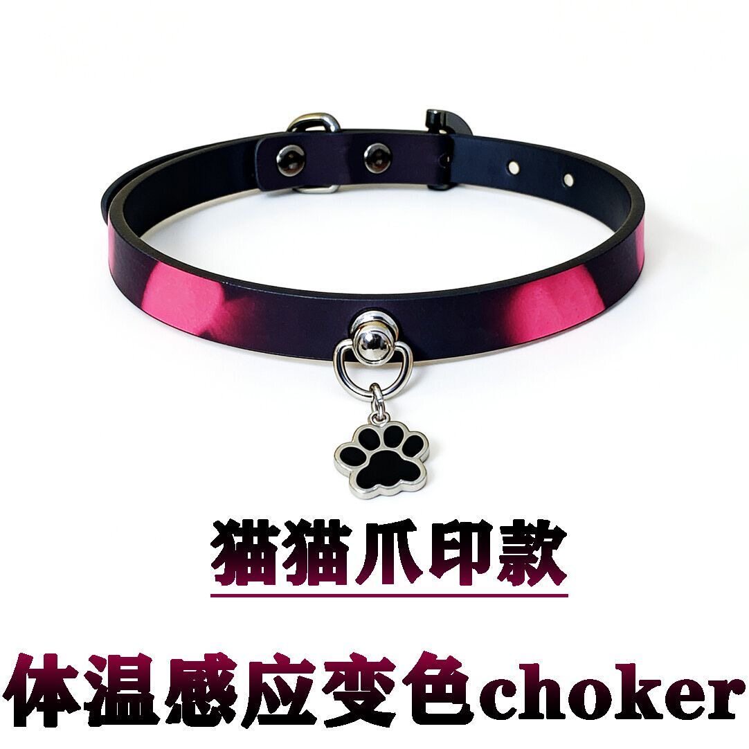 猫爪造型项圈感温变色choker软皮革项链潮酷高级感锁骨链颈链颈圈