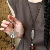 波西米亚民族风长款 新中式 复古羽毛银杏叶项链女款 毛衣链吊坠配饰