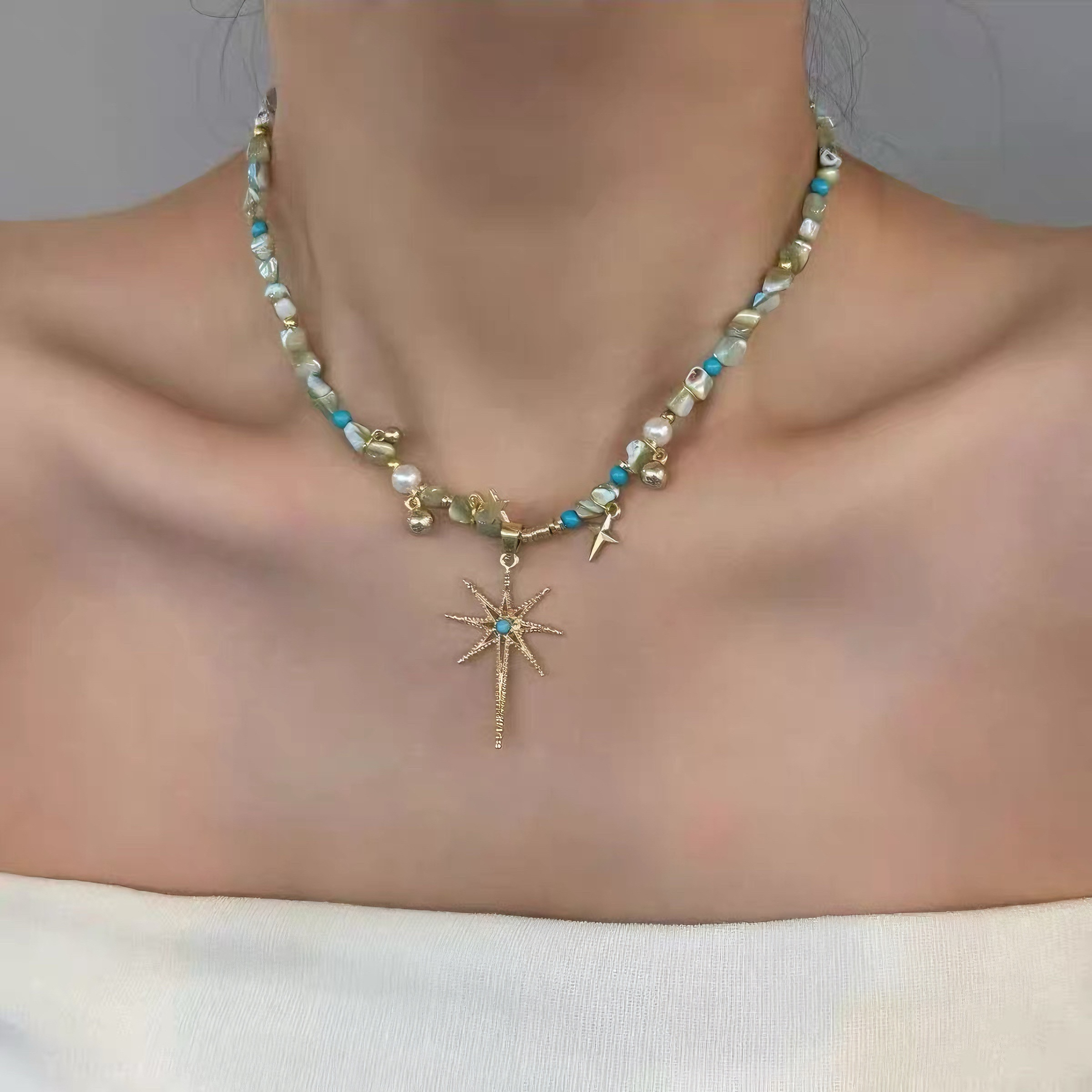 波西米亚蓝绿碎石串珠星芒项链女choker小众高级感辣妹锁骨链配饰