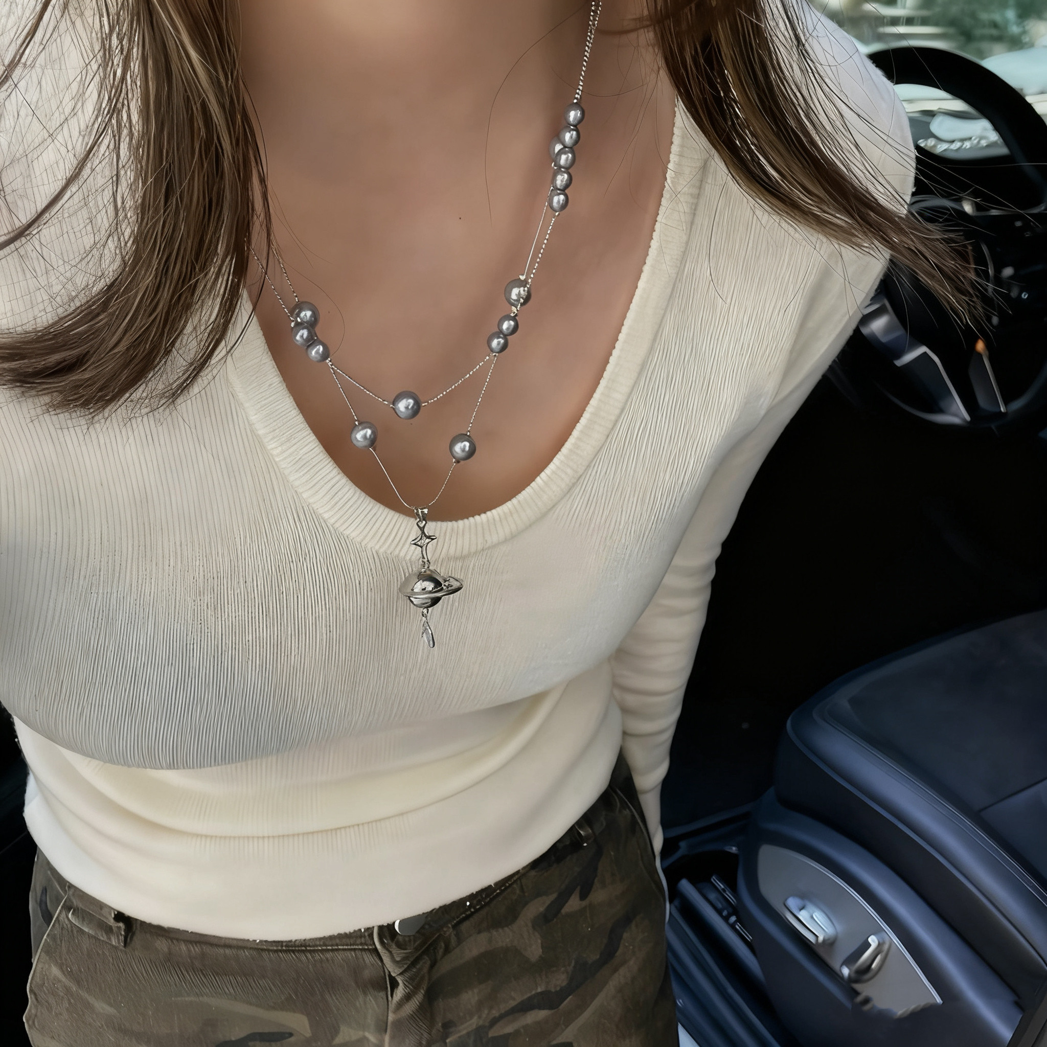 飞船灰色珍珠吊坠项链女小众独特个性毛衣链高级感叠戴长款卫衣链