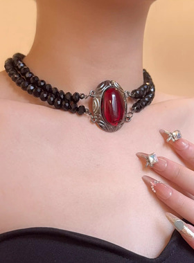 黑色水晶双层串珠红宝石吊坠项链