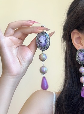 紫色人像珍珠长款水滴吊坠耳环耳钉小众复古设计流光精致时髦耳饰