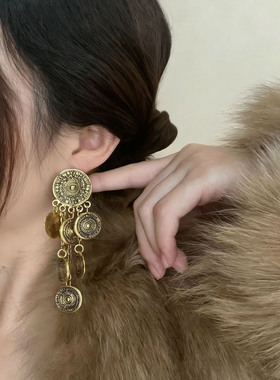 欧美复古做旧金色圆币流苏耳坠耳环黄铜哑光夸张时尚精致耳环耳钉