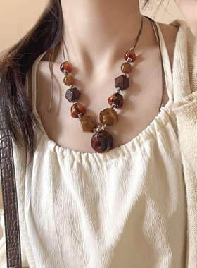 民族风纹理异形树脂不规则串珠项链女夸张皮绳时尚气质颈链毛衣链