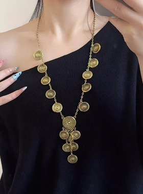 欧美风复古金属圆币重工流苏黄铜项链长款夸张时尚潮流毛衣链配饰
