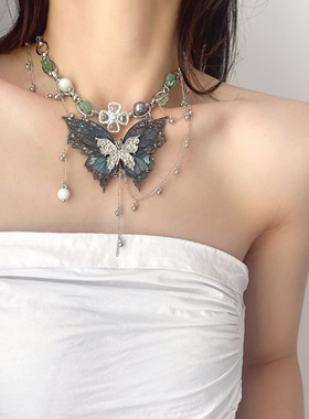 金属蝴蝶流苏项链多元素串珠颈链