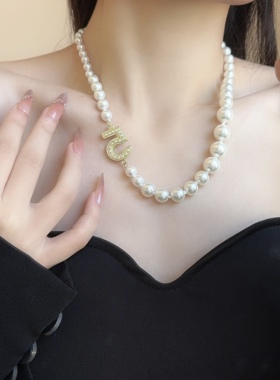 复古镶钻数字5渐变珍珠串珠项链