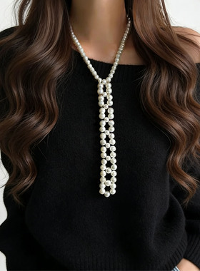 时髦设计珍珠领带项链女小众高级