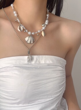 沙滩贝壳海螺珍珠项链女双层叠戴