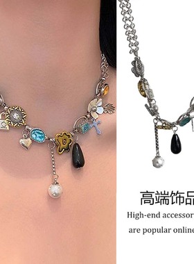 欧美复古多元素纽扣流苏项链