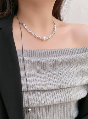 精致时髦碎银串珍珠项链毛衣链女
